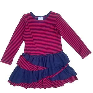 Hanna Andersson Red and Navy Striped Dress w/layers Ruffle skirt girls size 5